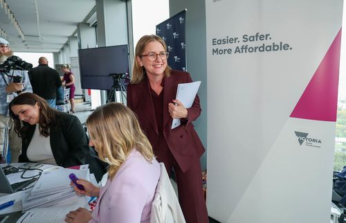 Premier Jacinta Allan talks with media, 2026/2027 Victorian state budget lock up. 5th of May 2026, The Age news Picture by JOE ARMAO