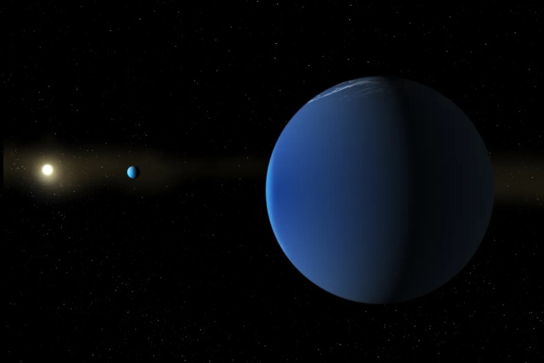 This illustration provided by NASA depicts the Sun-like star TOI-791, background left, and two giant planets that NASA
