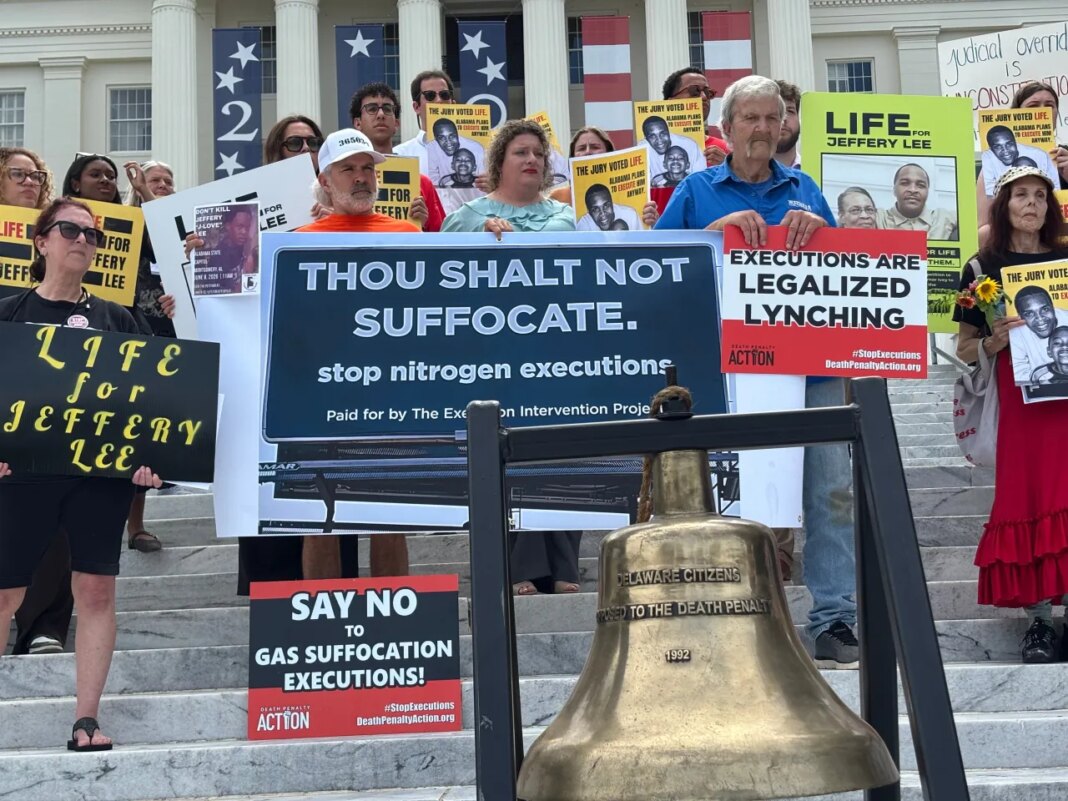 Protesters gather outside the Capitol in Montgomery, Ala., on Monday, June 8, 2026, to oppose an upcoming execution in Alabama. (AP Photo/Kim Chandler)
