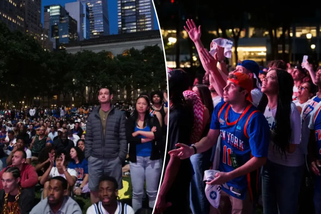 Knicks fans clash with cops in chaotic scene outside Bryant Park Game 3 watch party