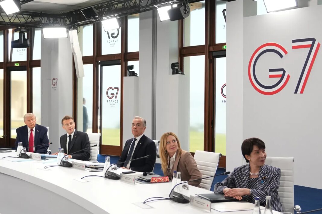 From right, U.S. President Donald Trump, French President Emmanuel Macron, Canadian Prime Minister Mark Carney, Italian Prime Minister Giorgia Meloni and Japan