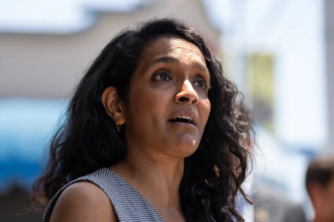 Los Angeles mayoral candidate Nithya Raman talks to reporters after a campaign event in Los Angeles, Monday, June 1, 2026. (AP Photo/Jae C. Hong)