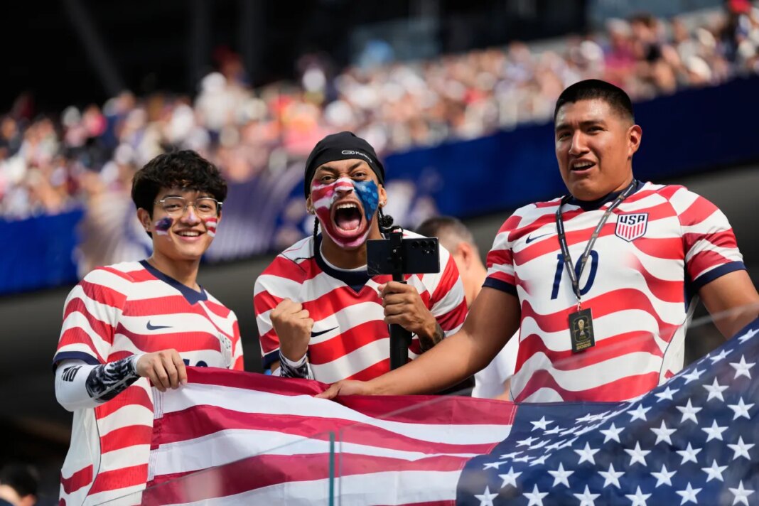 United States fans cheer prior to the World Cup Group D soccer match between the United States and Paraguay in Inglewood, Calif., near Los Angeles, Friday, June 12, 2026. (AP Photo/Andre Penner)