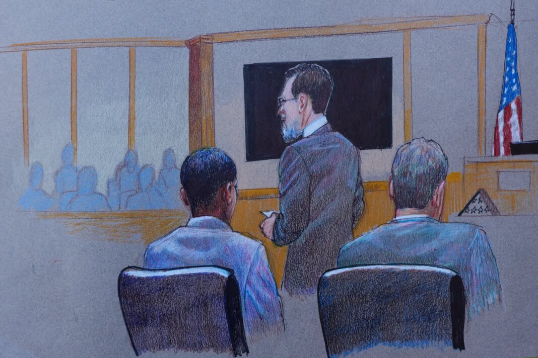 A courtroom sketch shows Mike Hward, standing, a defense attorney and Karmelo Anthony, left front, sitting at the defense table in opening arguments Thursday, June 4, 2026, in McKinney, Texas, during the trial of a teen accused of fatally stabbing another during a track meet in suburban Dallas last year. (Pat Lopez via AP)