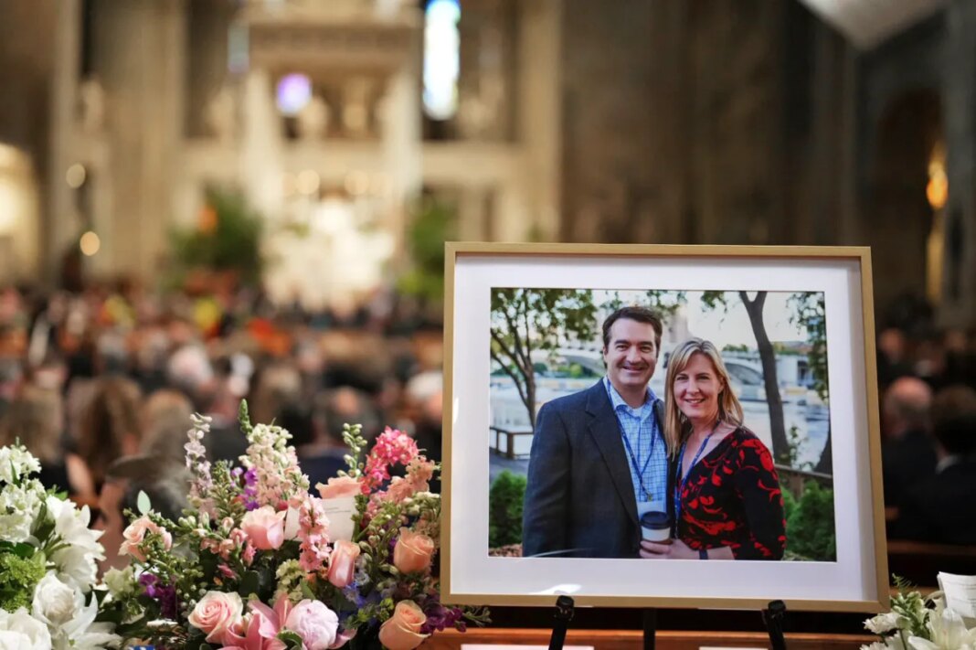 FILE - A photo of Mark and Melissa Hortman is displayed during their funeral service inside the sanctuary at the Basilica of St. Mary