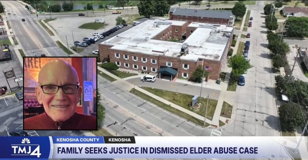 Inset: Dennis Newman. Background: The Wisconsin nursing home where Dennis Newman was allegedly shoved and suffered a traumatic brain injury (WTMJ/YouTube).