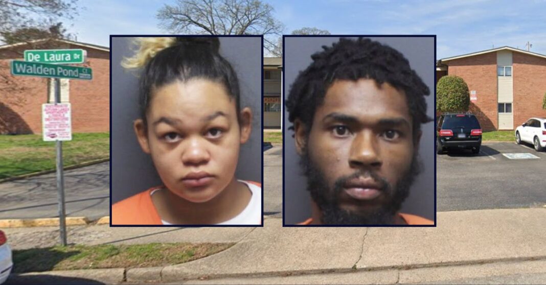 Katrina Sudberry and Gregory Glenn Martin inset against an image of an apartment complex in Virginia.