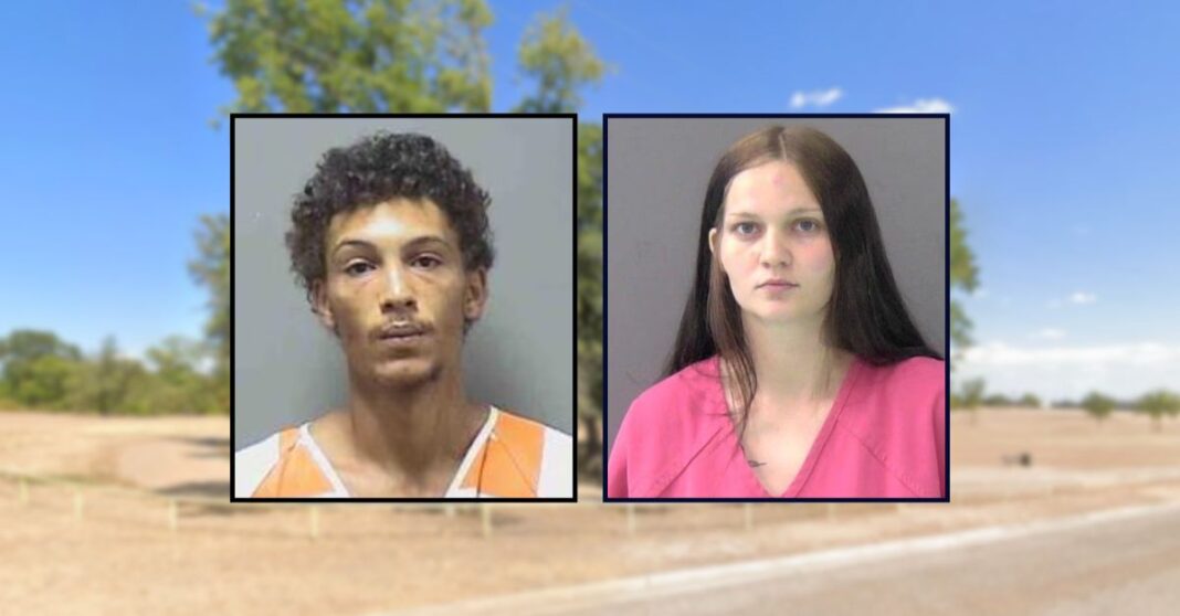 Adariance Rahman and Jenny Sanchez appear in booking photos inset against a street in Central Texas.