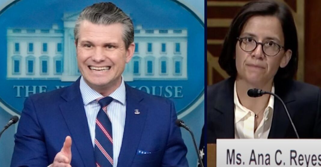 Left: Defense Secretary Pete Hegseth speaks in the James Brady Press Briefing Room at the White House, Thursday, Jan. 30, 2025, in Washington (AP Photo/Alex Brandon). Right: U.S. District Judge Ana C. Reyes during her confirmation hearings in June 2022 (U.S. Senate/YouTube).