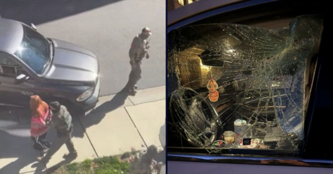 Left to right: Kristen Roos being arrested by immigration agents and the damage caused to Tatyana Reisini's car by immigration agents