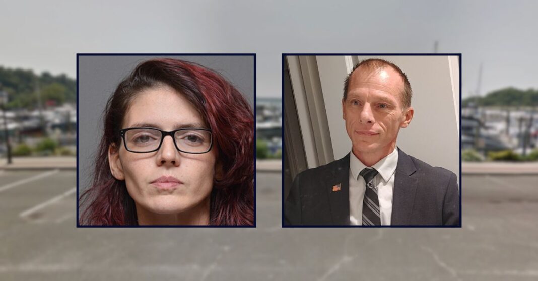 Kacy Corso and Christopher Millwater appear inset against an image of a yacht club marina in Long Island.