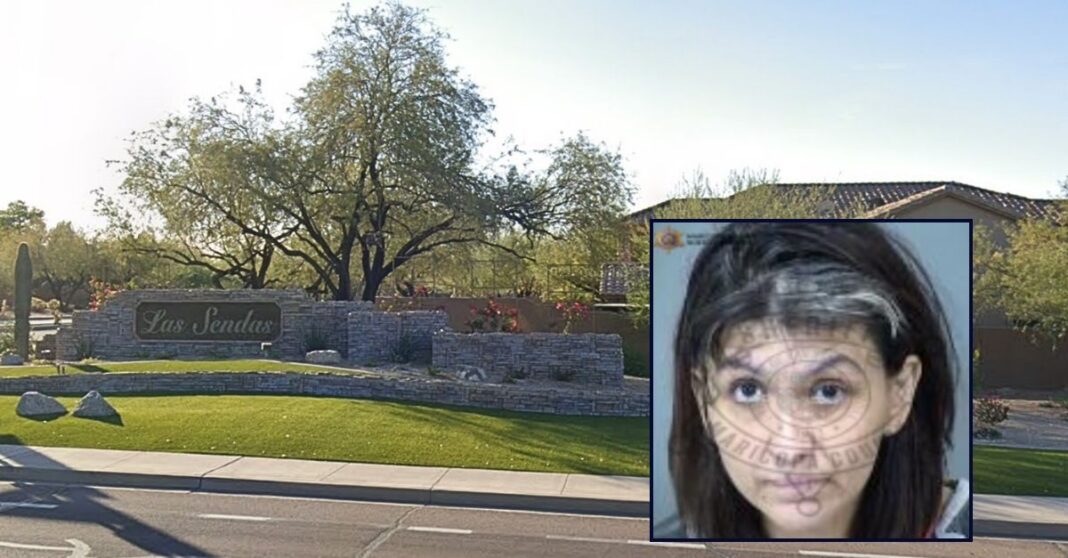 Inset: Christina Copley (Maricopa County Sheriff's Office). Background: The Arizona neighborhood where Christina Copley lived with her 82-year-old husband and allegedly killed him (Google Maps).