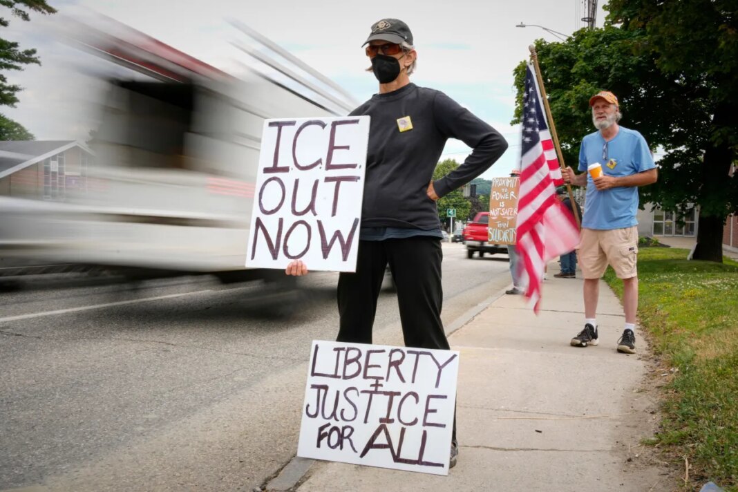Members of the Capitol Area Indivisible group protest against U.S. Immigration and Customs Enforcement outside the Edmund Muskie Federal Building, Thursday, July 16, 2026, in Augusta, Maine. (AP Photo/Robert F. Bukaty)