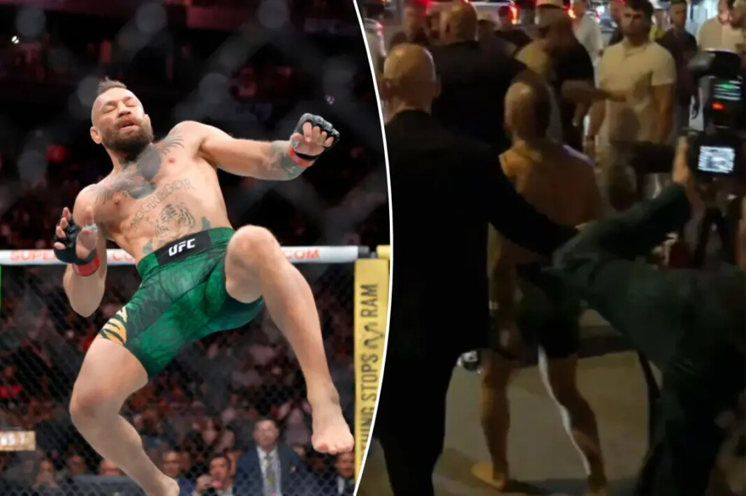 Conor McGregor bolts out of arena barefoot after brutal knee injury at UFC 329