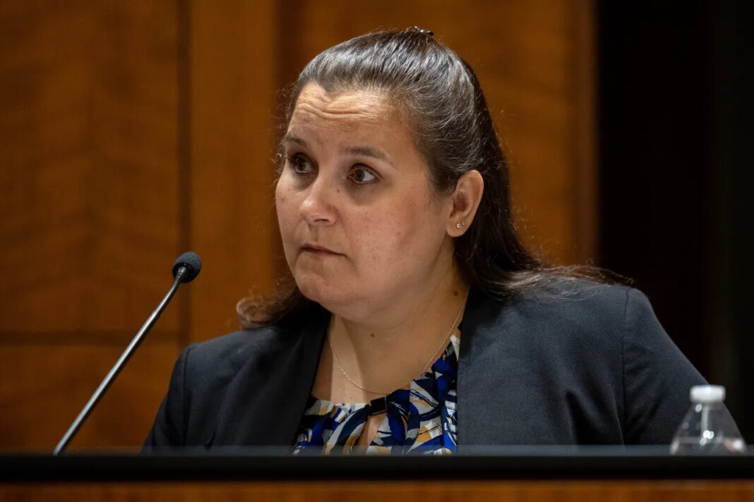 DNA analyst Amanda Bakker testifies during a preliminary hearing for Tyler Robinson, who is accused of fatally shooting Charlie Kirk, in Provo, Utah, on Tuesday, July 7, 2026. (Trent Nelson/The Salt Lake Tribune via AP, Pool)
