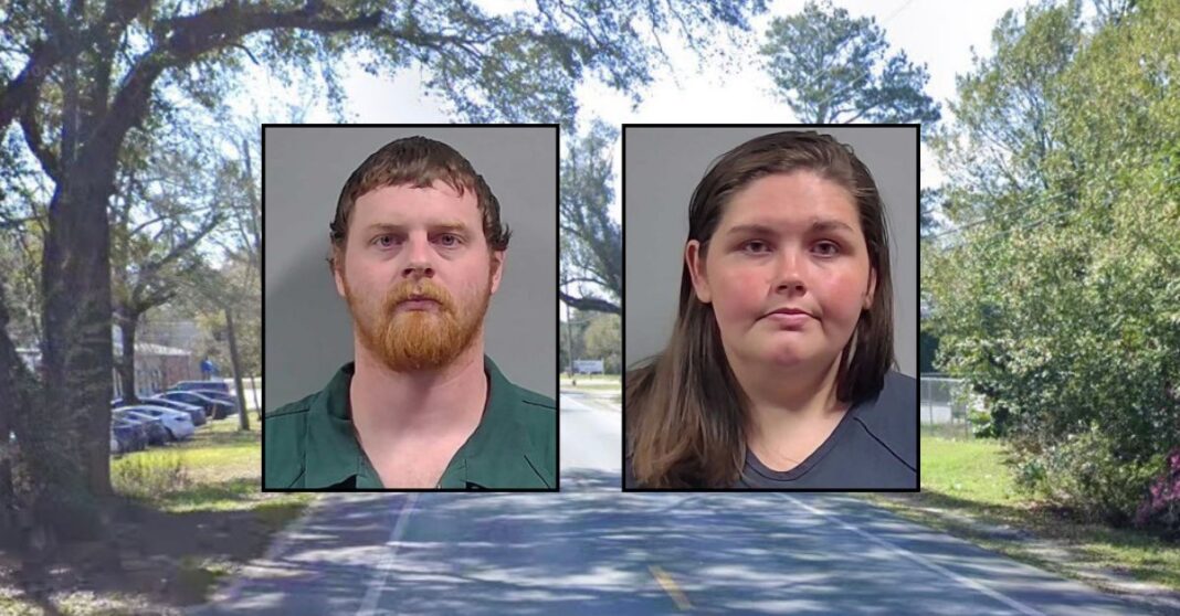 Inset, left to right: Justin Redd and Brittney Redd (Escambia County Sheriff's Office). Background: The area in Florida where the couple lived with Justin Redd's 9-year-old daughter (Google Maps).
