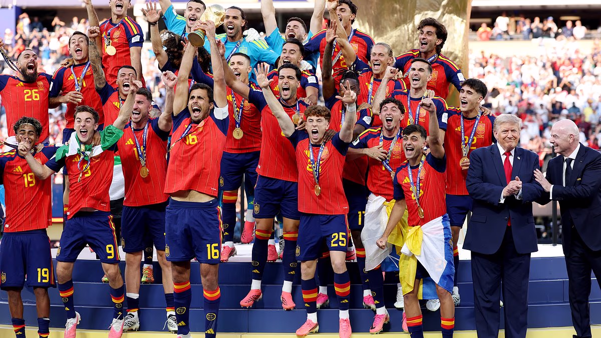 Donald Trump ignores FIFA president's call to leave the stage as he joins Spain's World Cup final trophy lift in excruciatingly awkward moment