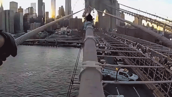 An NYPD Emergency Service Unit officer reaches a woman perched atop the steel cables of the Brooklyn Bridge before pulling her to safety.