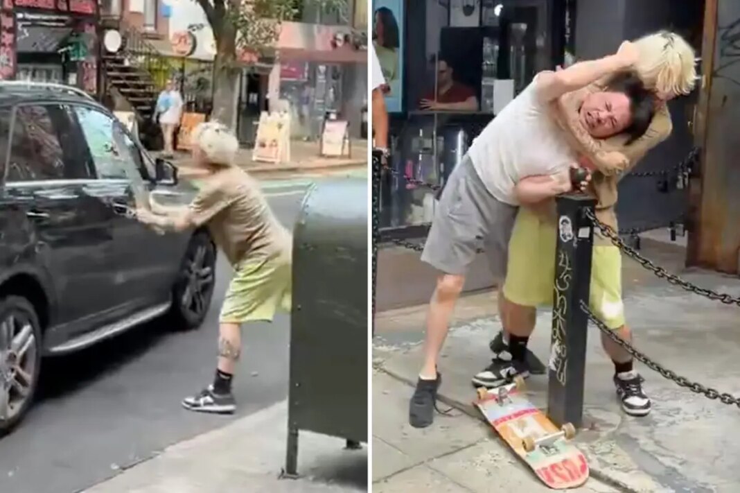 Exclusive | Wild video shows pitiful NYC street fight between skateboarder and Mercedes driver -