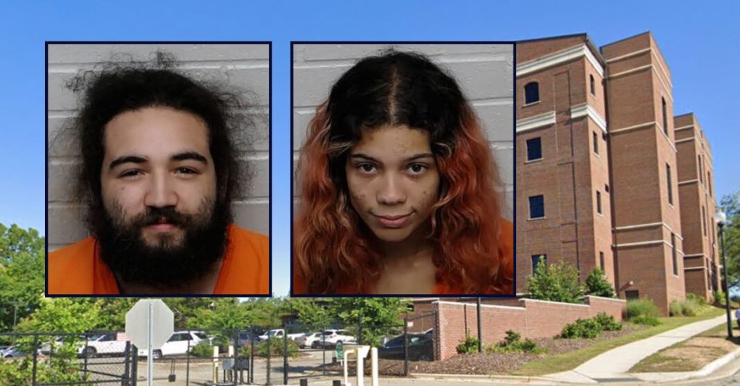 Leon Alejandro, Jr. and Samantha Angeline Feliz appear in booking photos inset against an image of a jail in North Carolina.