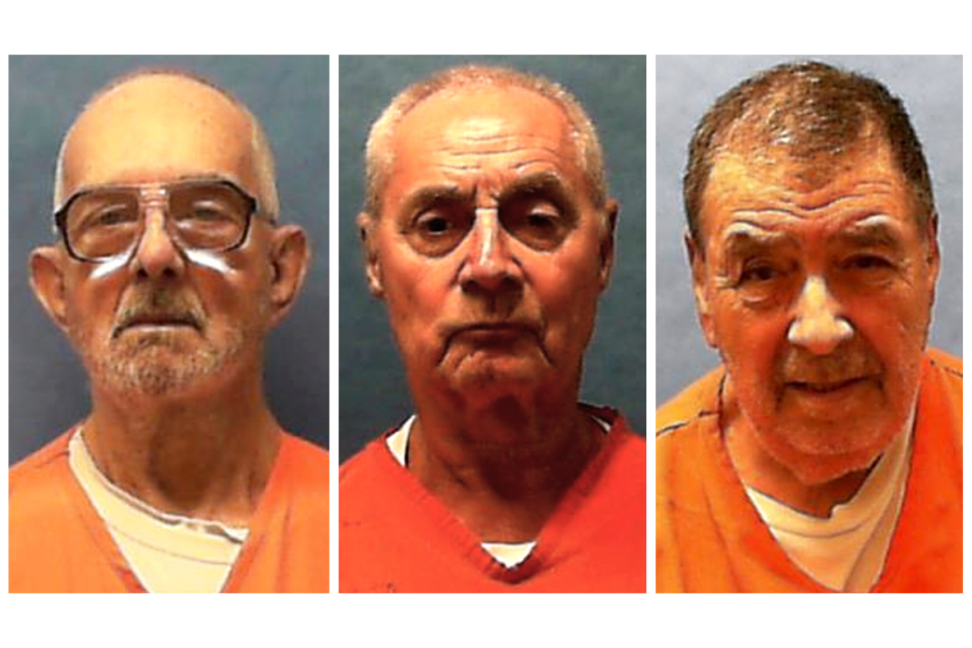 This combination of undated booking photos provided by the Florida Department of Corrections in July 2026 shows, from left, Dusty Ray Spencer, Dennis Sochor and Dominick Occhicone. (Florida Department of Corrections via AP)