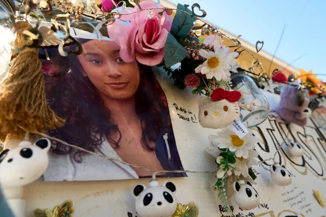 FILE - A makeshift memorial for Celeste Rivas Hernandez, whose body was found inside a vehicle owned by singer D4vd, is displayed outside her home in Lake Elsinore, Calif., on April 21, 2026. (AP Photo/Damian Dovarganes, File)