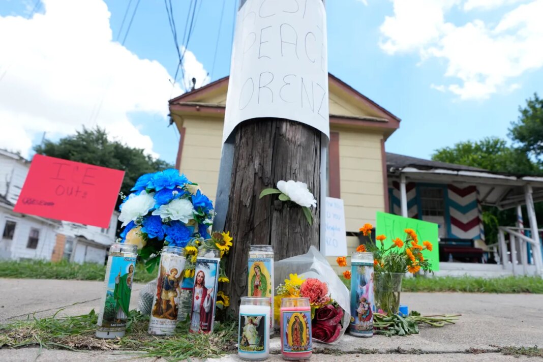 A makeshift memorial for Lorenzo Salgado Araujo, who was shot and killed by an ICE officer Tuesday, is shown Wednesday, July 8, 2026, in Houston. (AP Photo/David J. Phillip)