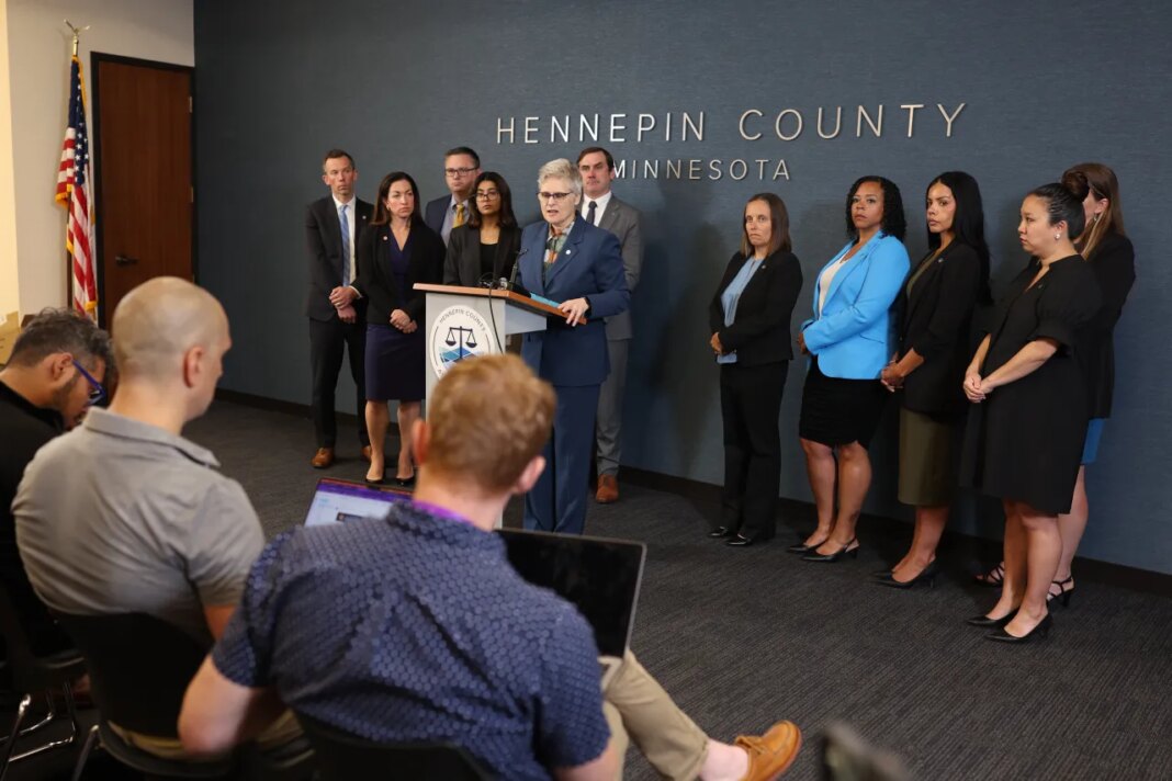 Hennepin County Attorney Mary Moriarty addresses the media at the Hennepin County Government Center in Minneapolis, Monday, July 13, 2026. (Elizabeth Flores/Minnesota Star Tribune via AP)