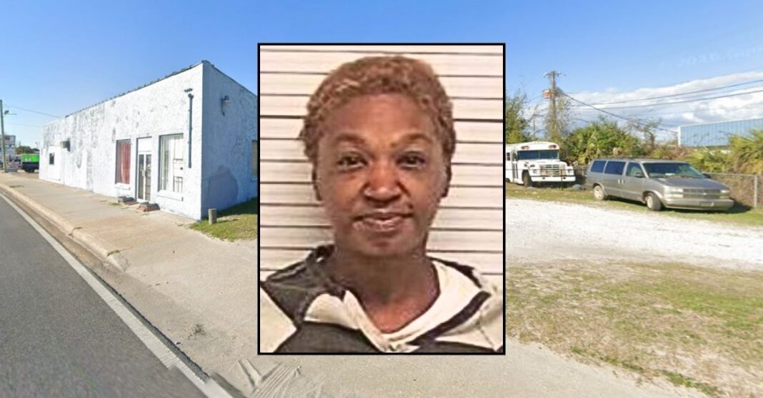 Inset: Latoya Gaines (Bay County Sheriff's Office). Background: The area outside the Florida daycare where Latoya Gaines allegedly punched a 10-year-old girl in the face during a dispute over a bathroom (Google Map).