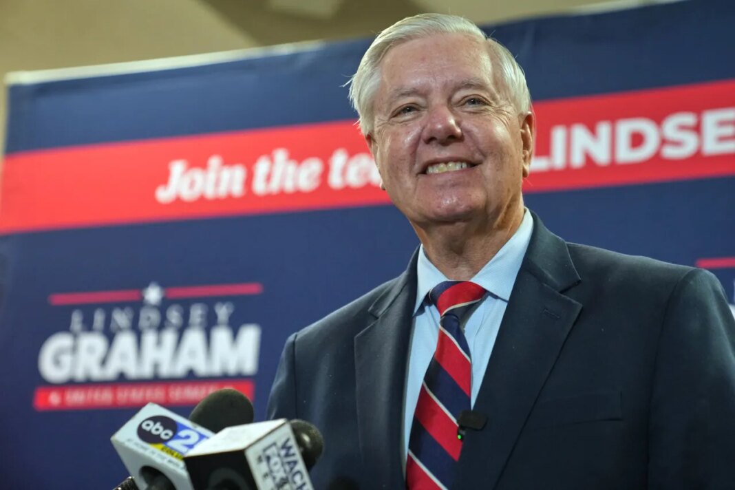 Sen. Lindsey Graham, R-S.C., speaks with supporters after filing his reelection paperwork Monday, March 16, 2026, in Columbia, S.C. (AP Photo/Meg Kinnard)