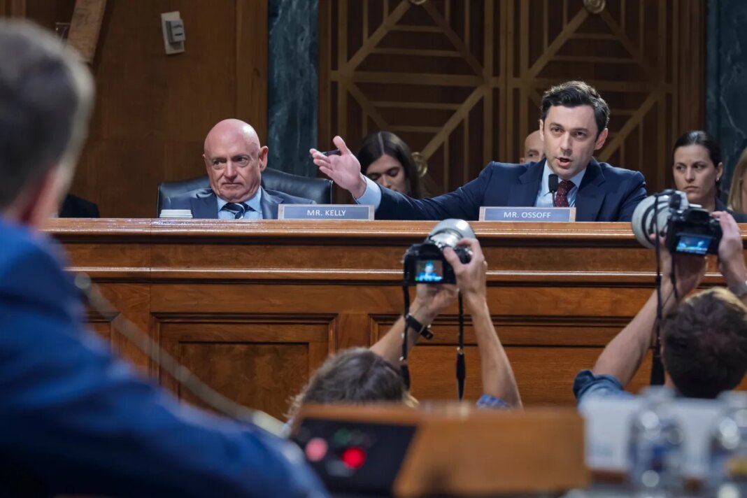 Sen. Jon Ossoff, D-Ga., joined at left by Sen. Mark Kelly, D-Ariz., questions Jay Clayton, President Donald Trump
