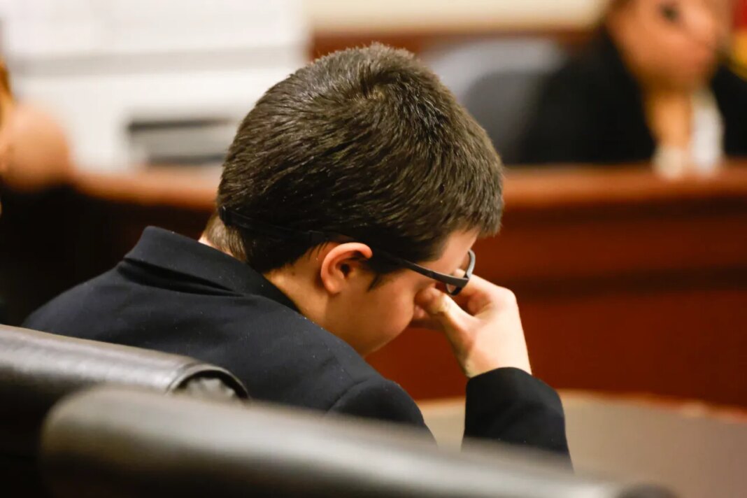 Colt Gray reacts during his sentencing hearing at Barrow County Superior Court in Winder, Ga., Tuesday, July 28, 2026. (Arvin Temkar/Atlanta Journal-Constitution via AP, Pool)