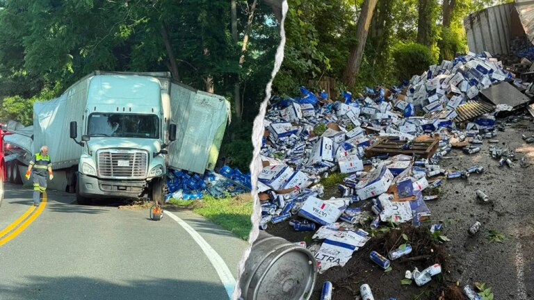 Tractor-Trailer Overturns, Scattering Thousands of Beer Cans Across Connecticut Highway