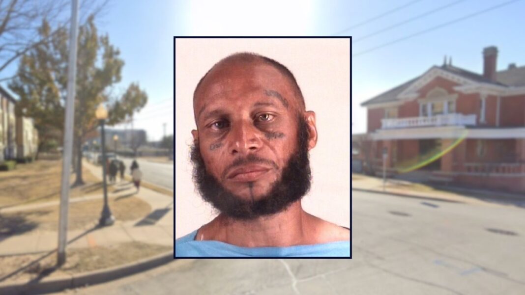 Steven Black appears in a booking photo inset against an image of a residential street in Texas.