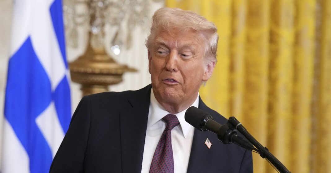 President Donald Trump speaks at a reception celebrating Greek Independence Day in the East Room of the White House, Monday, March 24, 2025, in Washington (AP Photo/Jacquelyn Martin).