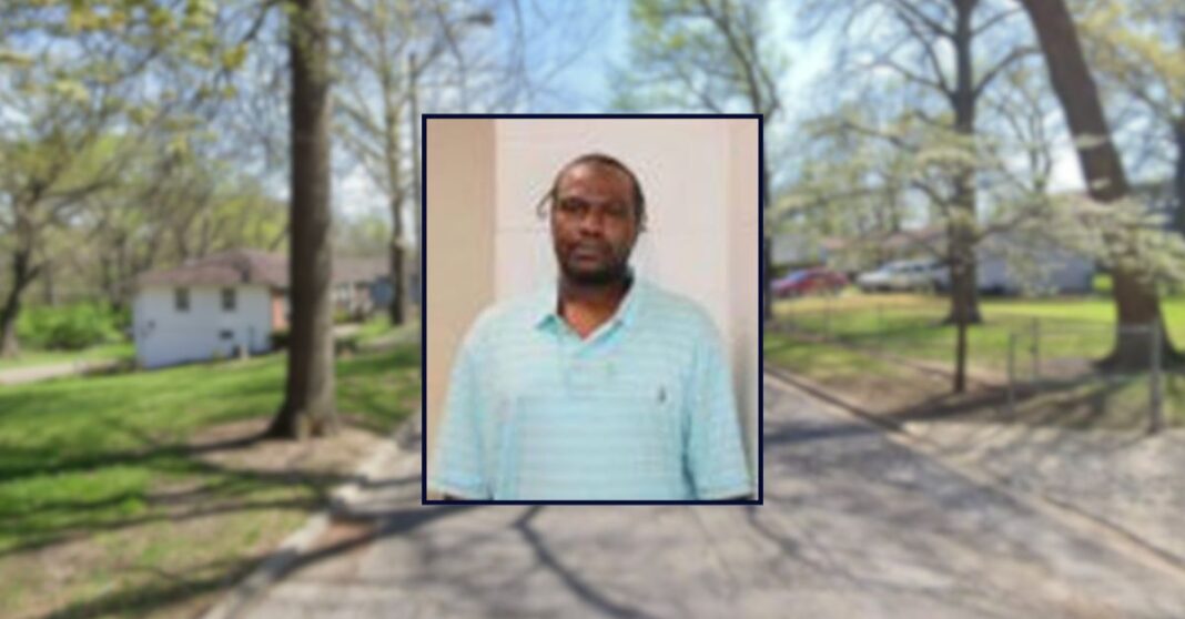 Antwon Shirley appears in a booking photo inset against an image of a residential street in Kansas City.