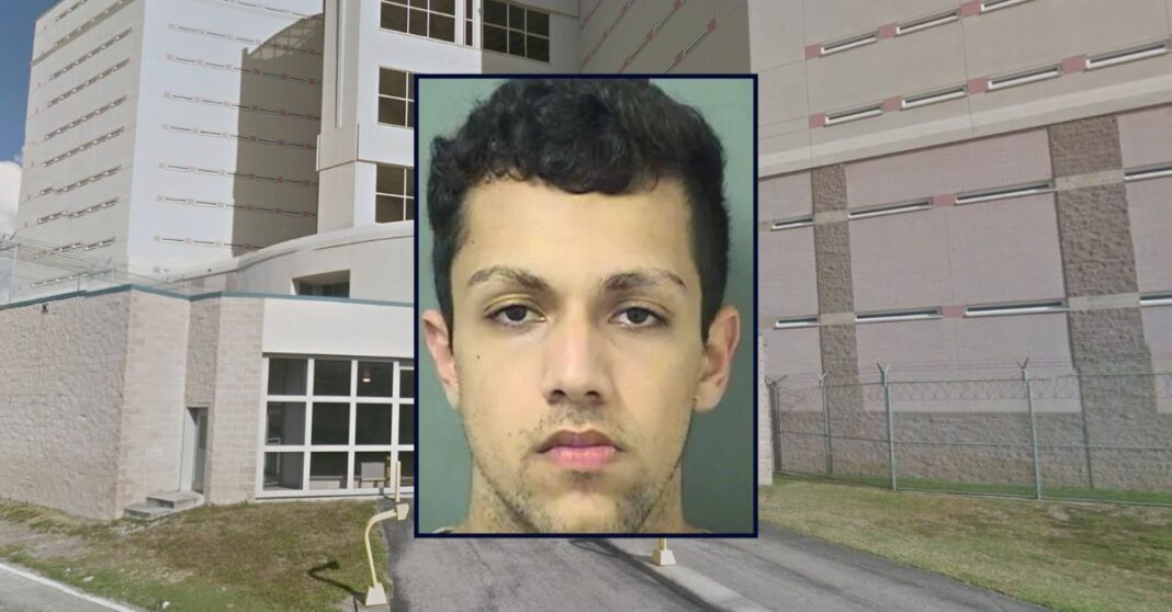 Saam Rajaei appears in a booking photo inset against an image of the Palm Beach County Jail.