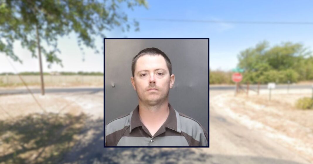 Romi Frentescu appears in a booking photo inset against an intersection in Texas.