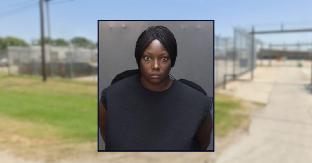 Katrina Evans appears in a booking photo inset against an image of the McLennan County Jail.