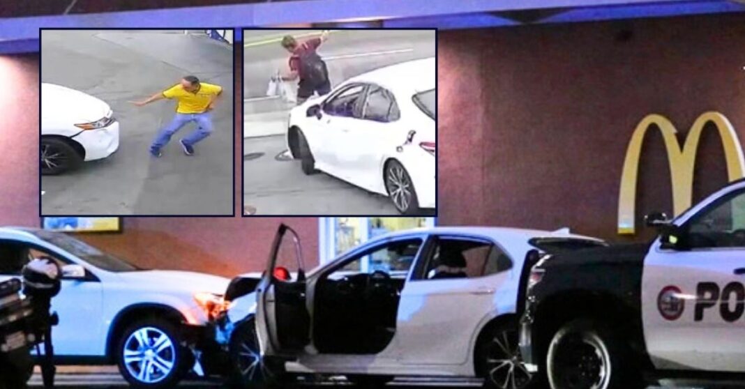 Insets: Cops say Juan Luis Estrada was caught on camera striking multiple pedestrians with a stolen Toyota Camry (Culver City Police Department). Background: The crash scene after Juan Luis Estrada allegedly crashed the Toyota Camry he carjacked into a McDonald's drive-thru line (KABC/YouTube).