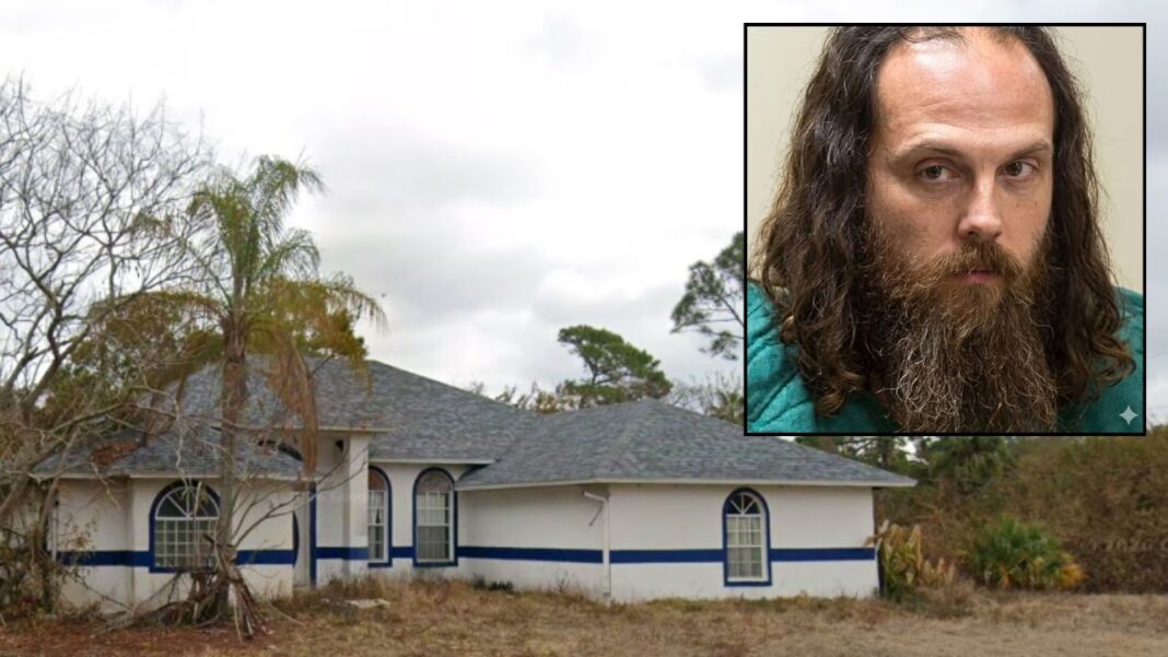 Inset: Domenico Gigante (Brevard County Sheriff's Office). Background: The home where Gigante massacred his daughter and three others (Google Maps)