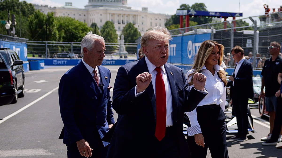 Donald Trump arrives with Melania at historic Freedom 250 Grand Prix