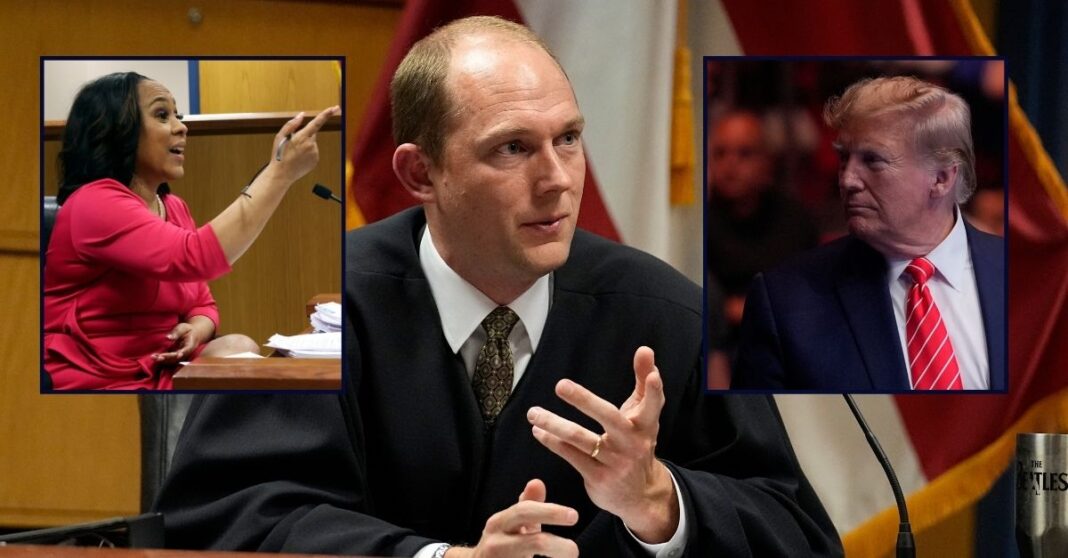 Fulton County Superior Judge Scott McAfee flanked by inset images of Fani Willis, on the left, and Donald Trump, on the right