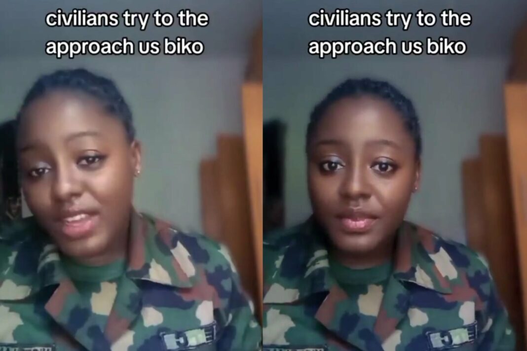“I go remain single?” — Military lady laments as civilians fear approaching her