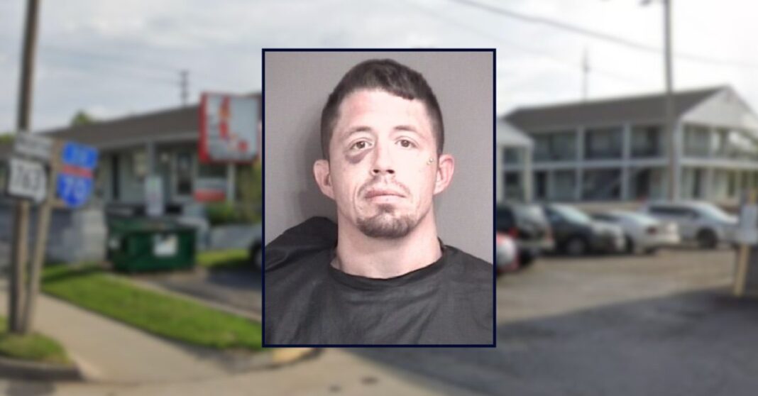 Nicholas Ayres appears in a booking photo inset against an image of a motel in Missouri.