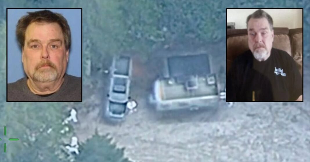 Inset, left to right: Chris L. Jones and Daniel Joslin (SBSO). Background: Aerial view of where authorities say they found Jones in Oregon (CCSO).
