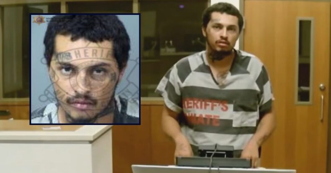 Inset: Angel Nahle (Maricopa County Sheriff's Office). Background: Angel Nahle in court for allegedly setting his ex-girlfriend on fire in Phoenix (AZ Family/YouTube).
