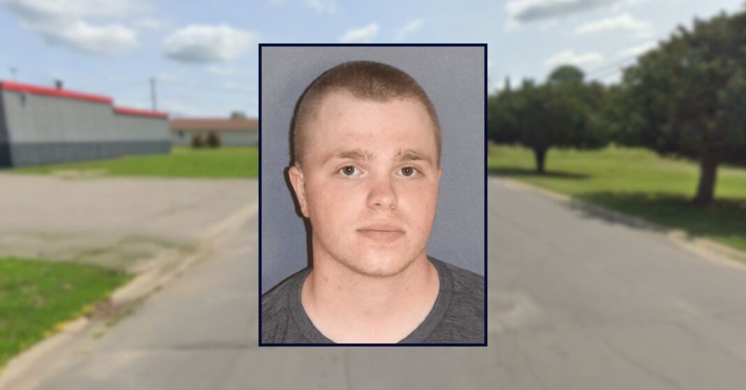 Landon Terrance Tuomala appears in a booking photo inset against an image of a residential street in Minnesota.