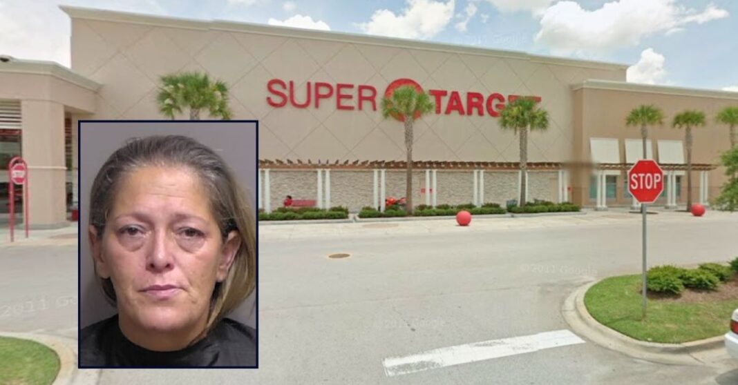 Inset: Lisa Debenedictis (Flagler County Sheriff's Office). Background: The Florida Target where Lisa Debenedictis allegedly used her 9-year-old daughter to shoplift (Google Maps).