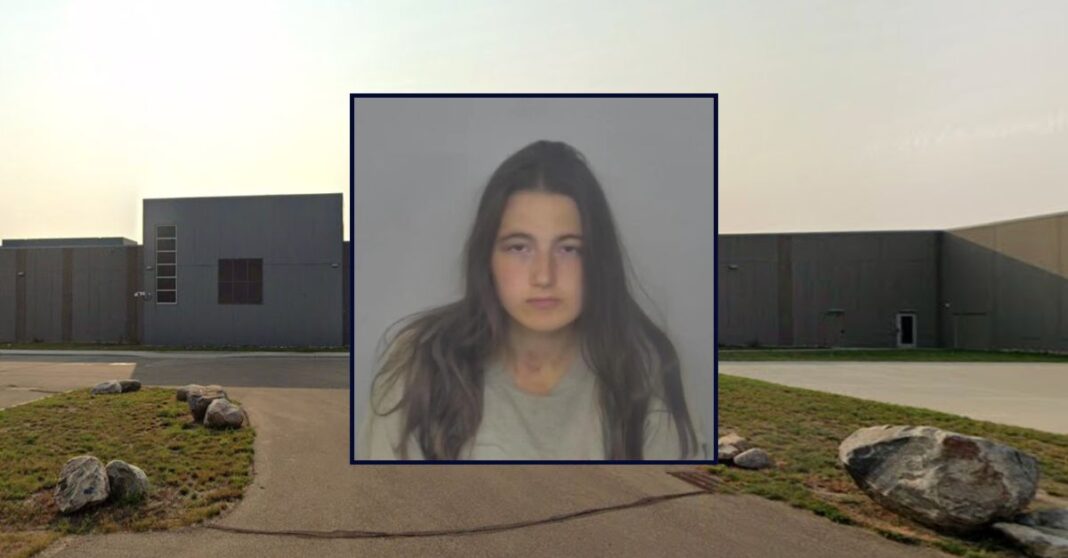 Kailey Erhart appears in a booking photo inset against an image of a jail in North Dakota.